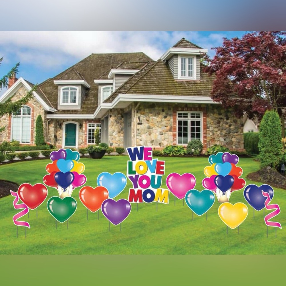 Colorful We Love You Mom Heart Balloon Yard Sign Set